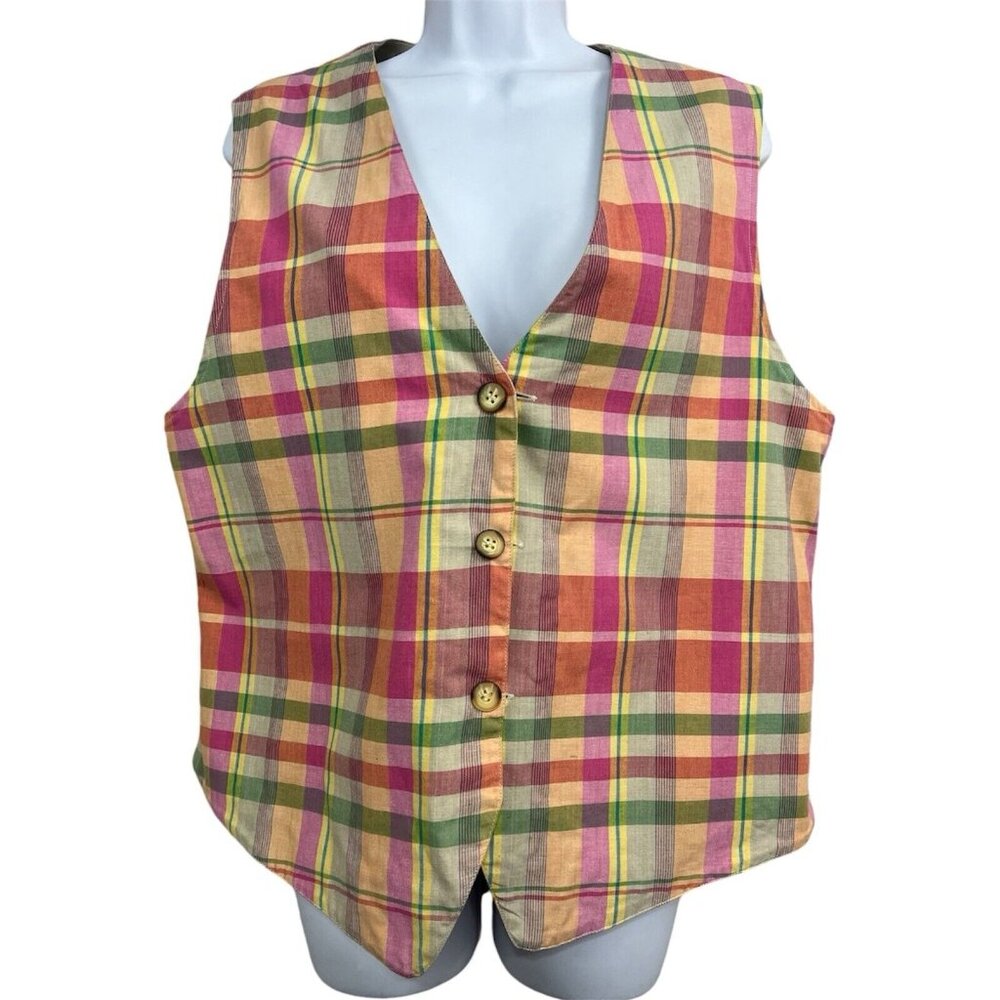 Vtg Women‎ Vest Embroidered XL Floral Khaki Plaid Reversible Cottagecore Granny - Picture 5 of 7